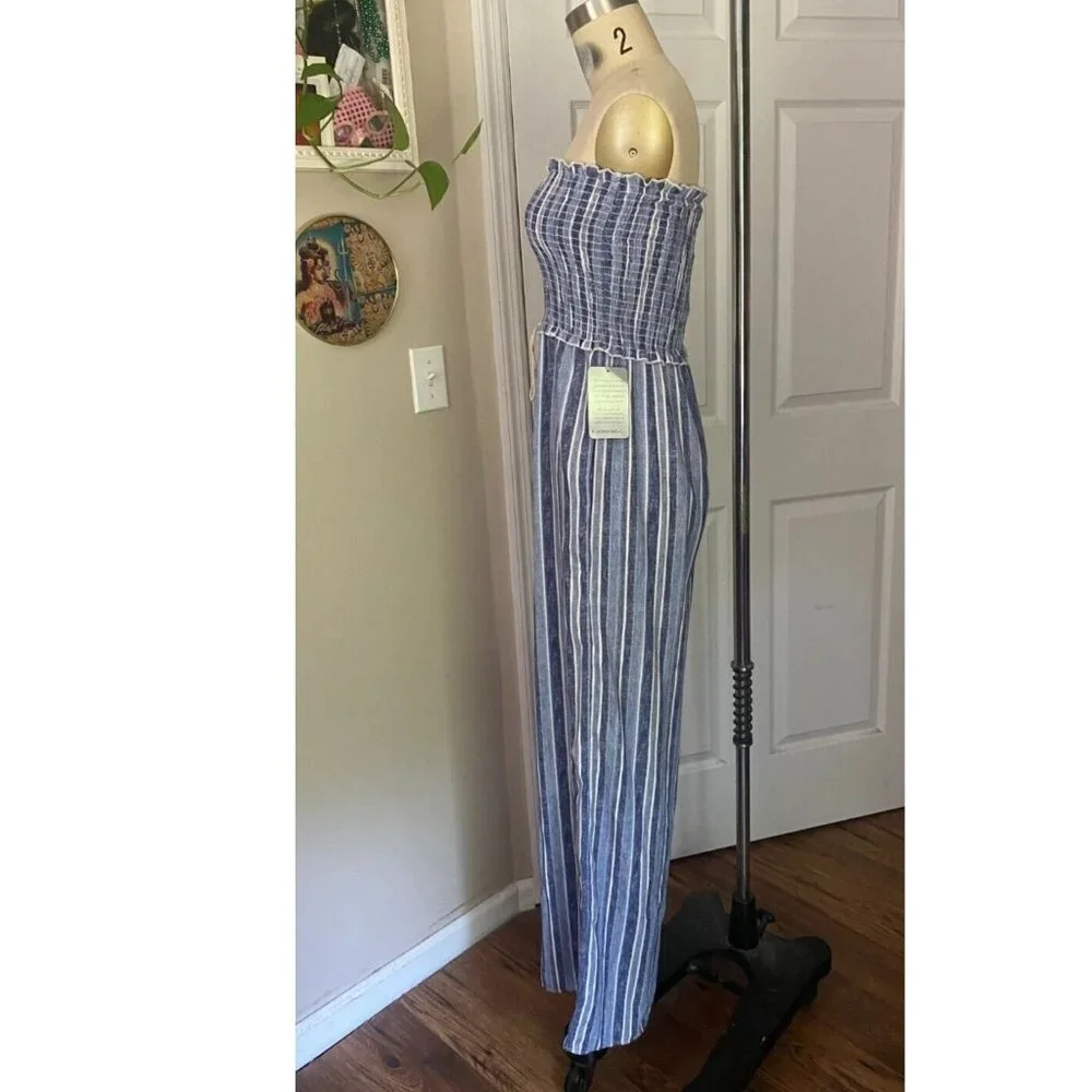 NORDSTROM Gauze Seersucker Strapless Denim Stripe JUMPSUIT Romper *X-SMALL* - Picture 3 of 6